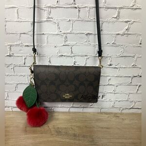 Coach Anna Foldover Clutch Wallet Crossbody black brown a free unbranded charm